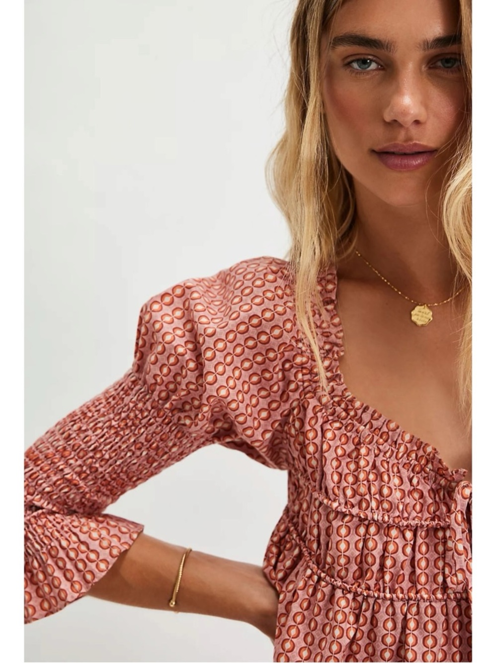 Free People Retro 70s Babydoll Star Dip Mini Dress in Red Combo Size Small - Picture 4 of 13